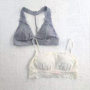 Victoria's Secret PINK (2) Lace Bralettes Removable Cups Women's Med Gray/Ivory